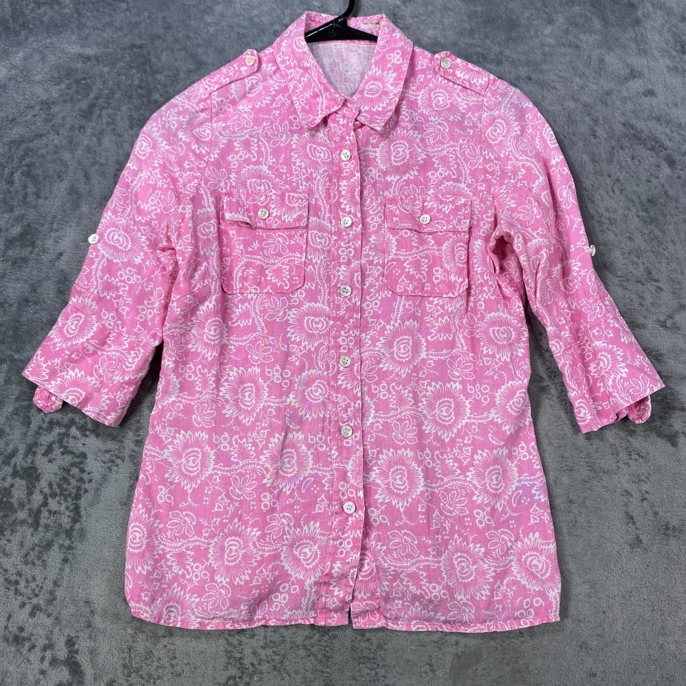 J. Mclaughlin Blouse 100% Linen Womens 0 Small Pink Floral 3/4 Sleeve Top Shirt